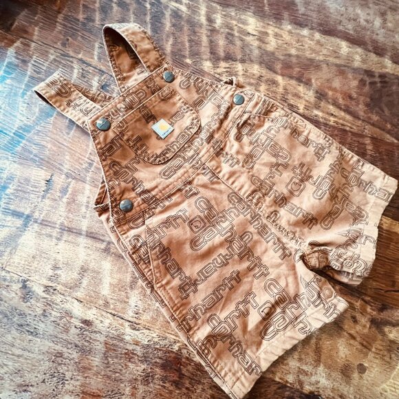 Carhartt Baby Overalls 18M Brown Allover Logo Print Durable All Cotton - Picture 1 of 11